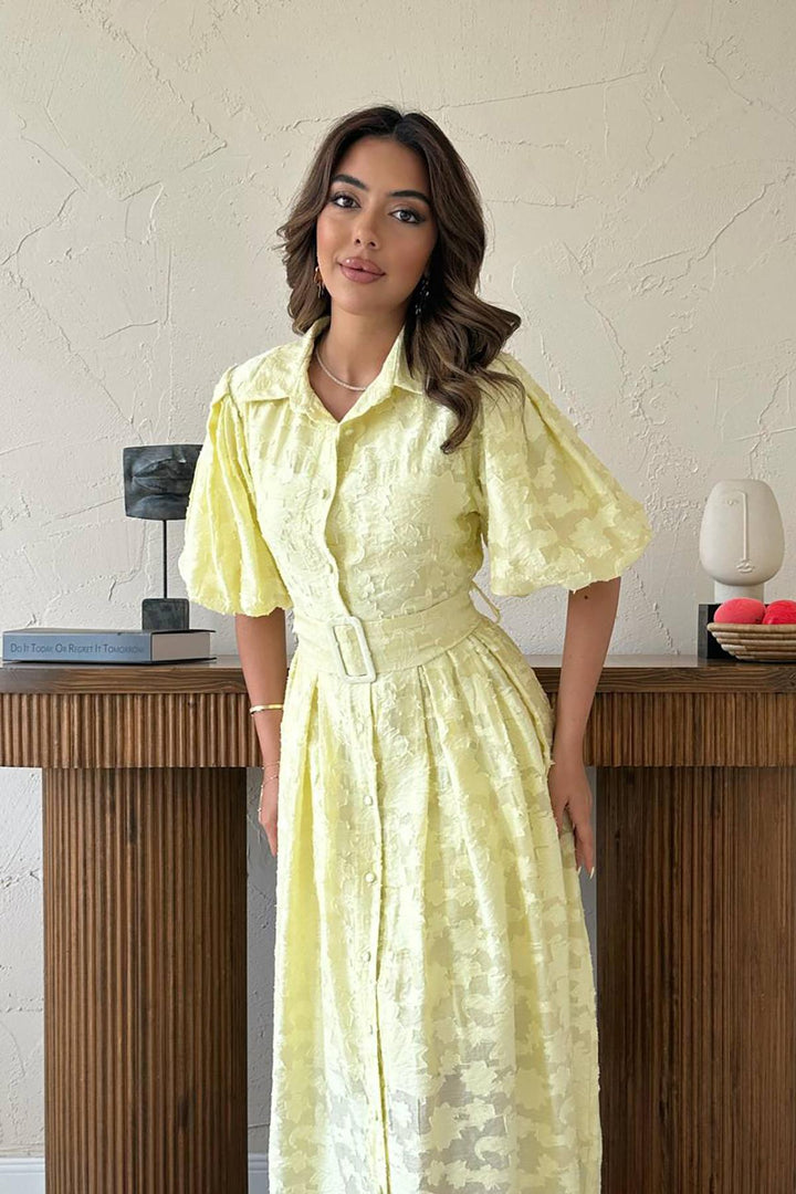 ELS Wholesale Yellow Belted Balloon Sleeve Dress - Central Coast