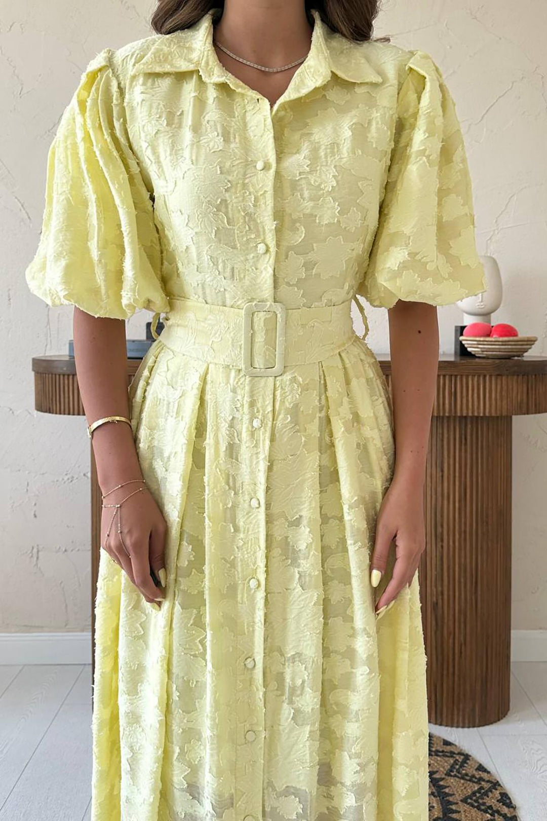 ELS Wholesale Yellow Belted Balloon Sleeve Dress - Central Coast