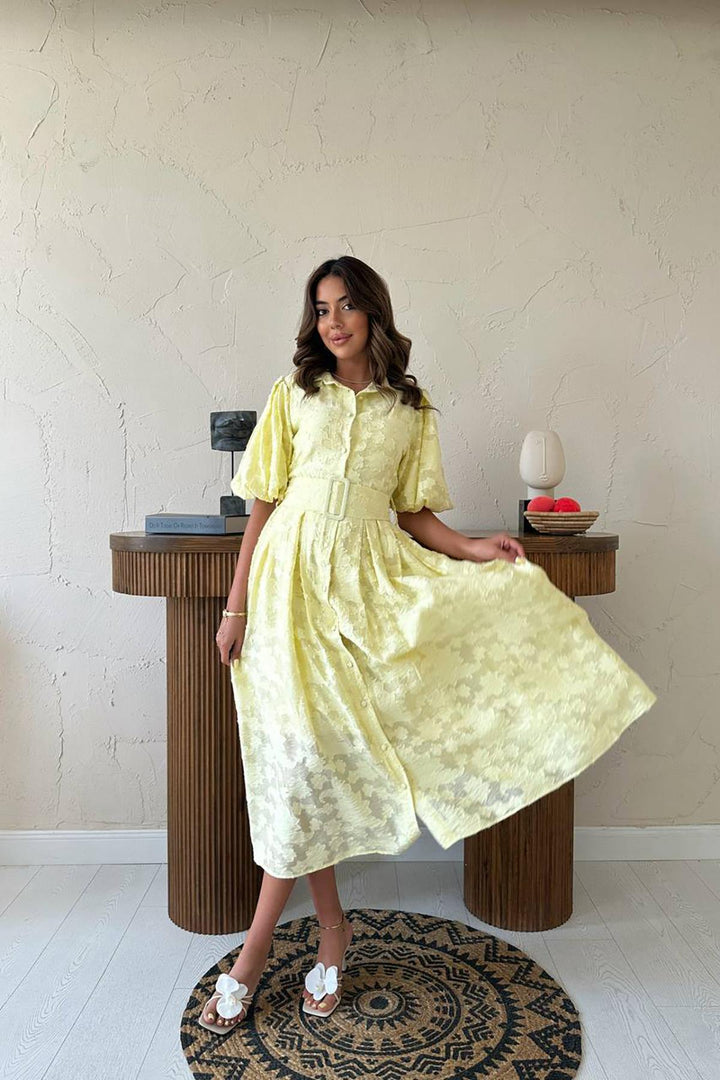 ELS Wholesale Yellow Belted Balloon Sleeve Dress - Central Coast