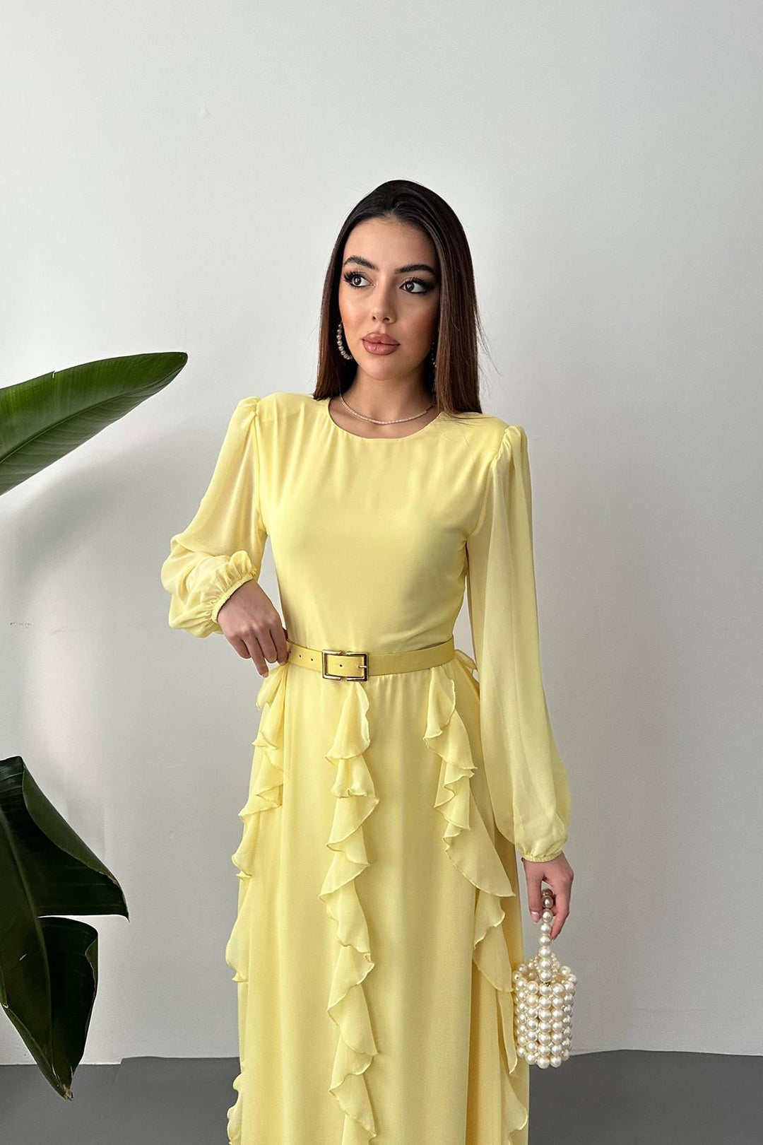 ELS Wholesale Yellow Belted Chiffon Dress - Bellevue