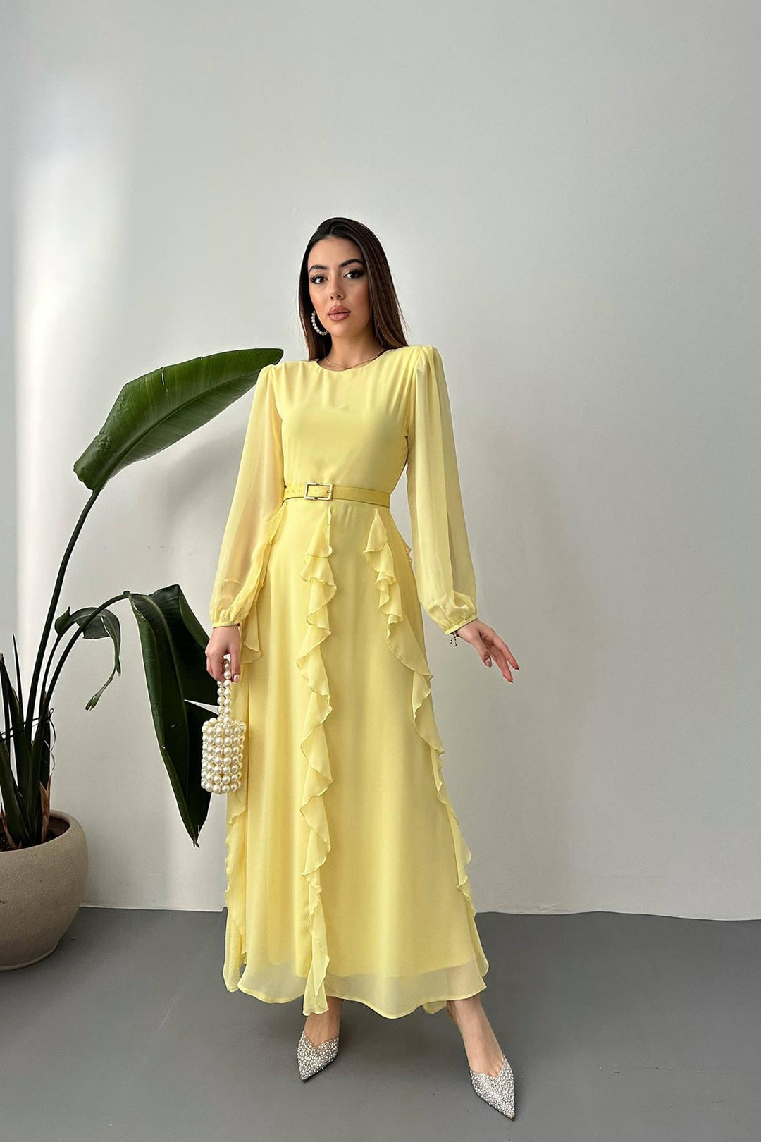 ELS Wholesale Yellow Belted Chiffon Dress - Bellevue