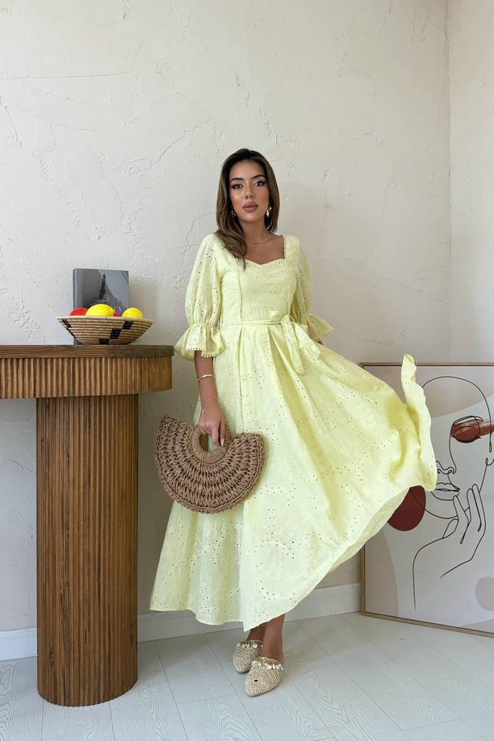 ELS Toptan Sarı Kolu Lastikli Brode Elbise - Milpitas