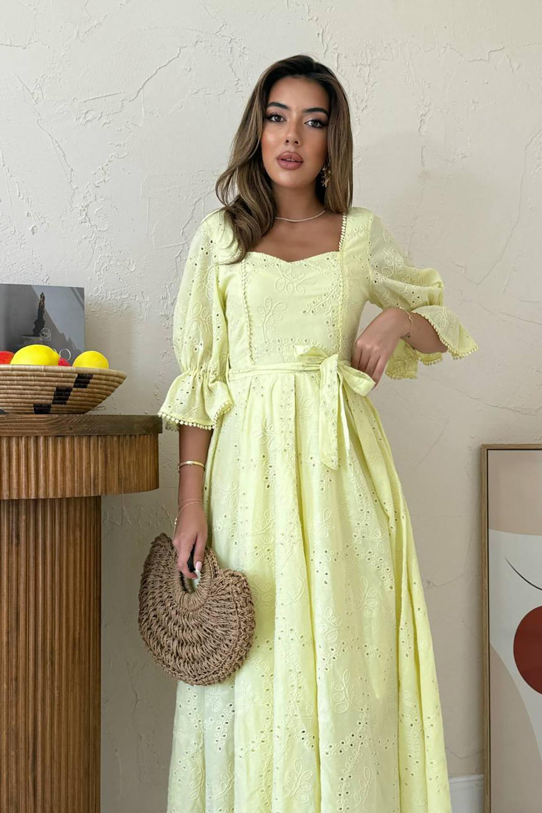 ELS Toptan Sarı Kolu Lastikli Brode Elbise - Milpitas