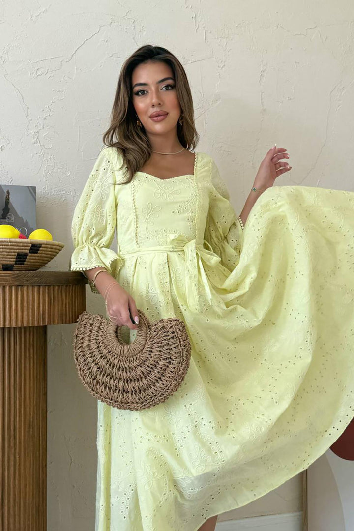 ELS Toptan Sarı Kolu Lastikli Brode Elbise - Milpitas