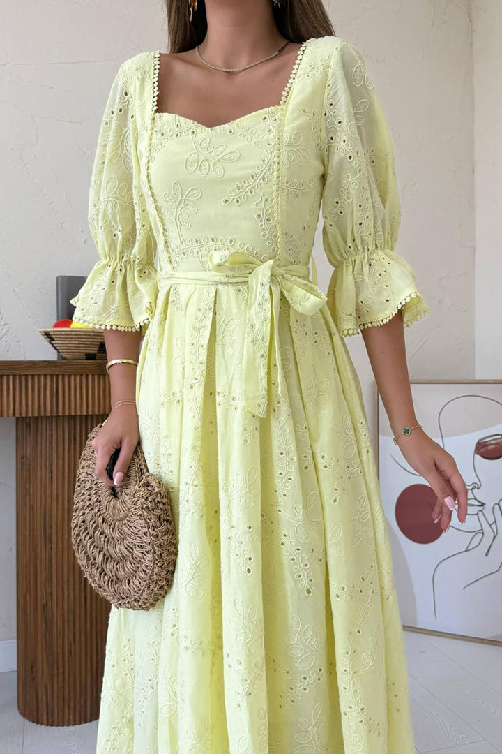 ELS Toptan Sarı Kolu Lastikli Brode Elbise - Milpitas