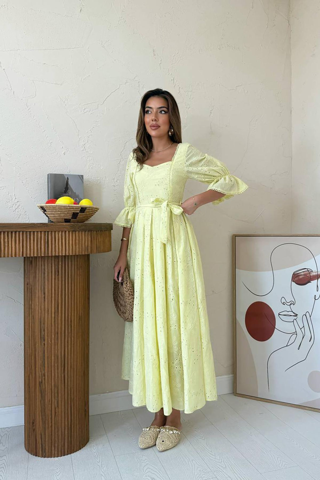 ELS Toptan Sarı Kolu Lastikli Brode Elbise - Milpitas