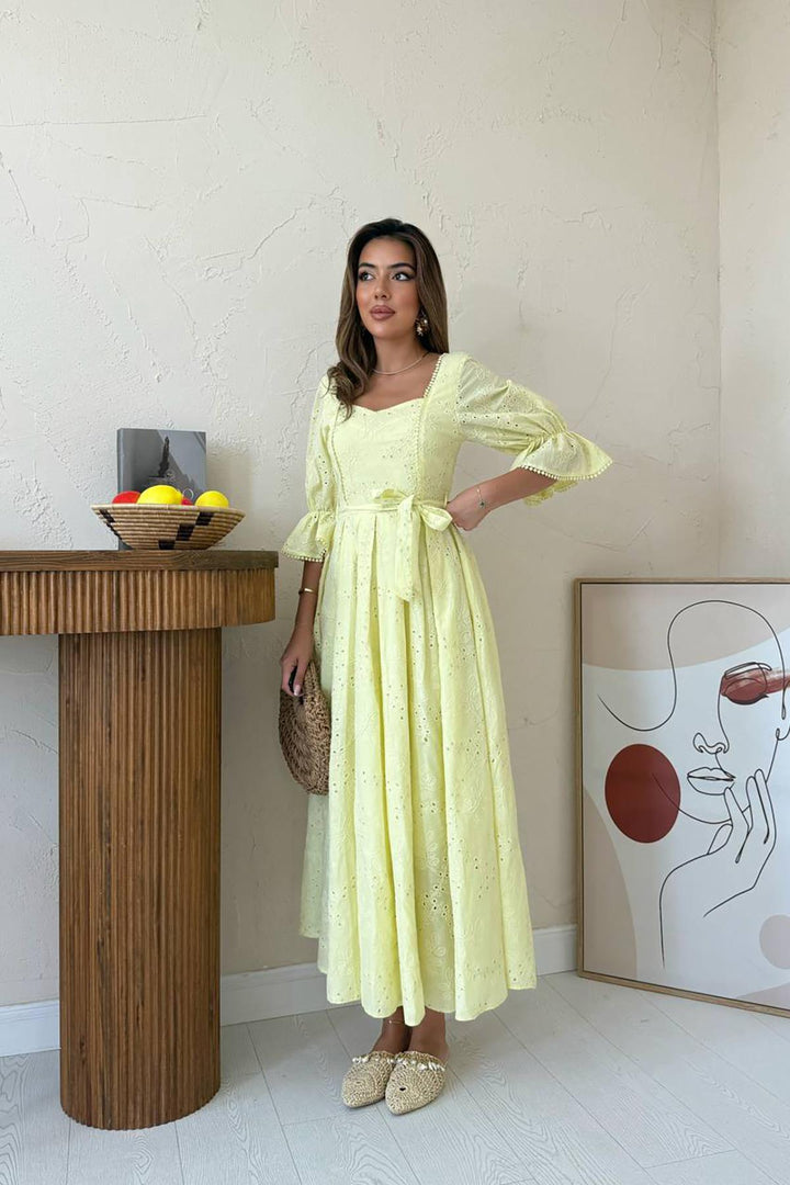 ELS Toptan Sarı Kolu Lastikli Brode Elbise - Milpitas