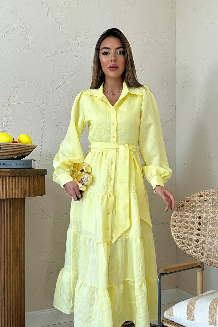 ELS Wholesale Yellow Belted Striped Dress - Granollers