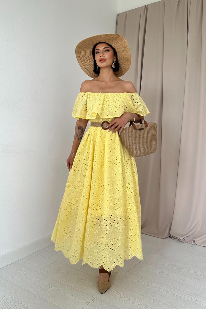 ELS Wholesale Yellow Off-Shoulder Elasticated Embroidered Dress - Marinha Grande