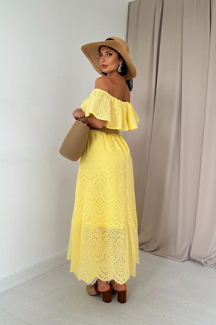 ELS Wholesale Yellow Off-Shoulder Elasticated Embroidered Dress - Marinha Grande