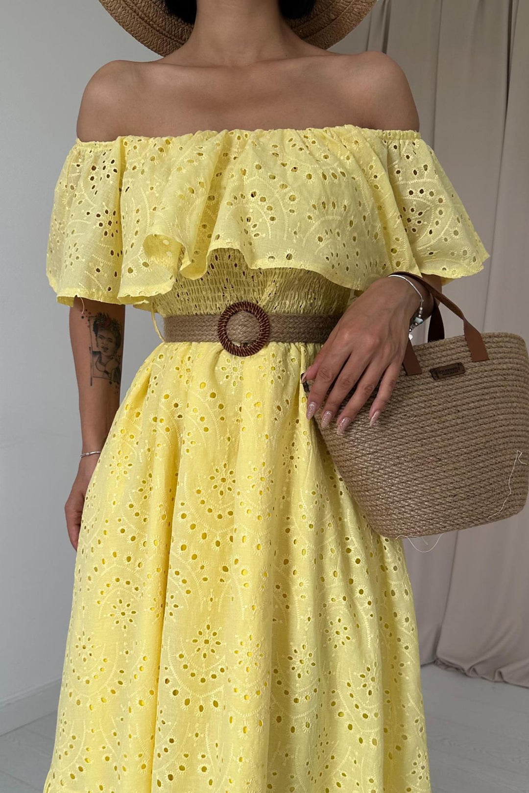 ELS Wholesale Yellow Off-Shoulder Elasticated Embroidered Dress - Marinha Grande
