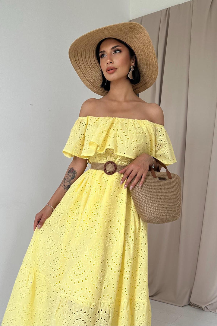 ELS Wholesale Yellow Off-Shoulder Elasticated Embroidered Dress - Marinha Grande