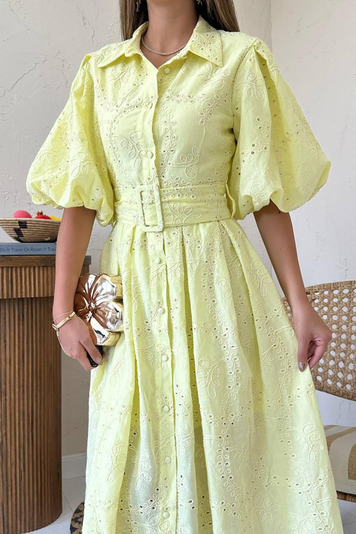 ELS Toptan Sarı Pileli Balon Kol Elbise - Doncaster