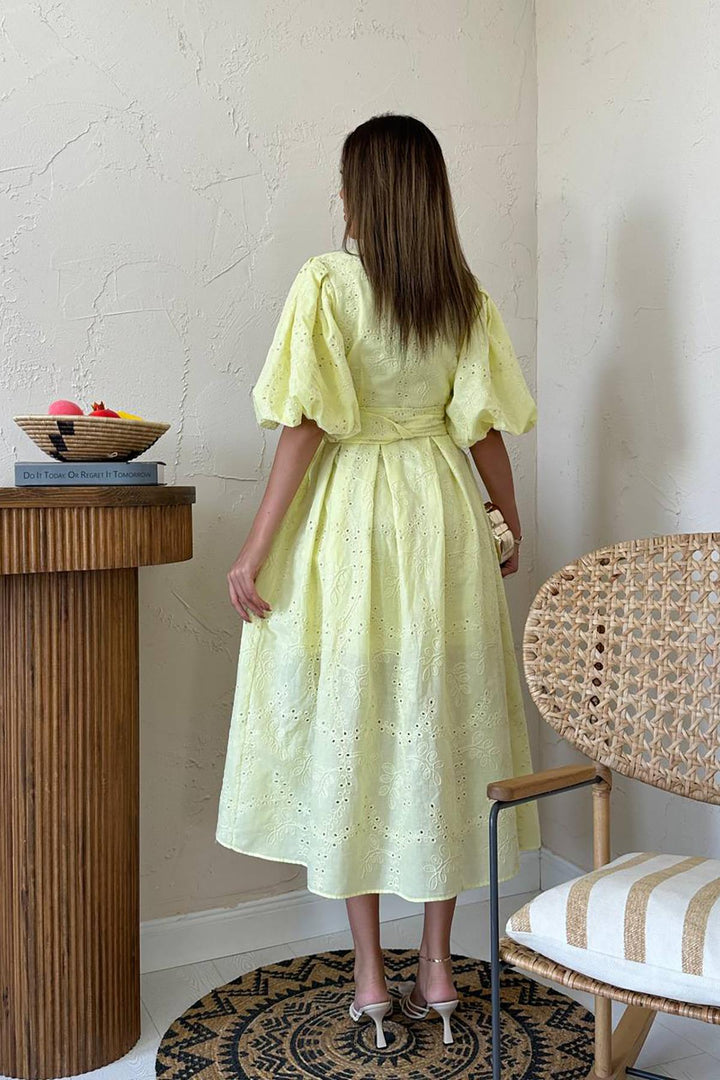 ELS Toptan Sarı Pileli Balon Kol Elbise - Doncaster