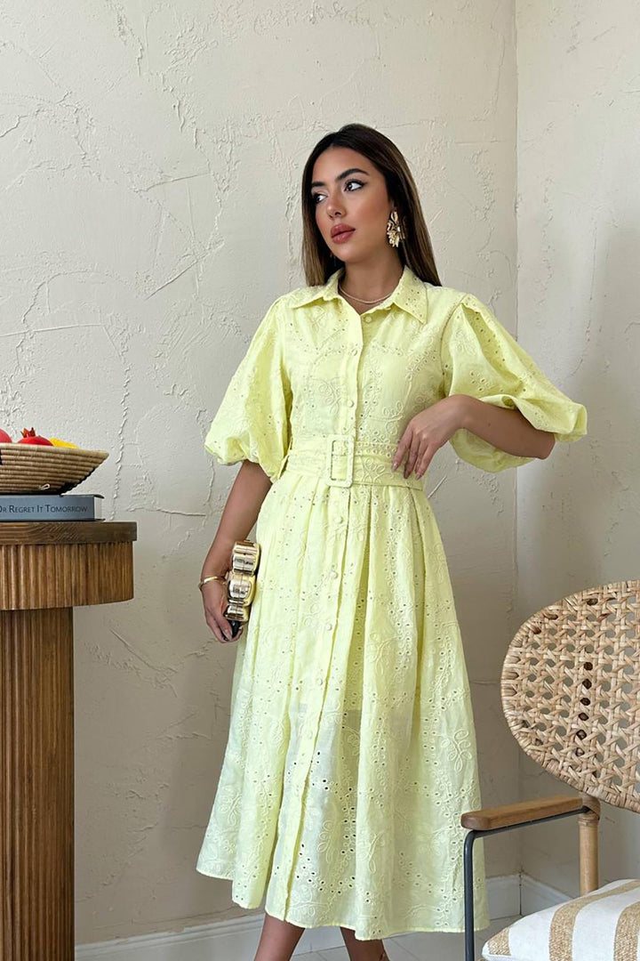 ELS Toptan Sarı Pileli Balon Kol Elbise - Doncaster