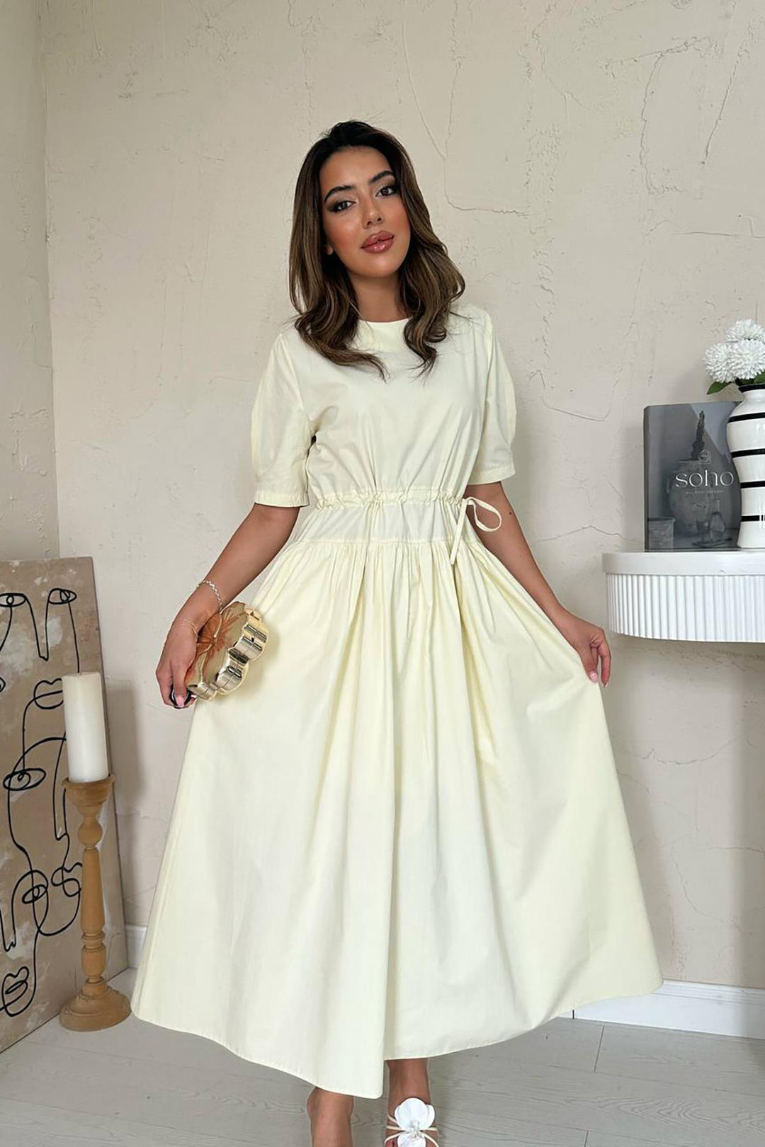 ELS Toptan Sarı Tünel Detay Poplin Elbise - Esslingen