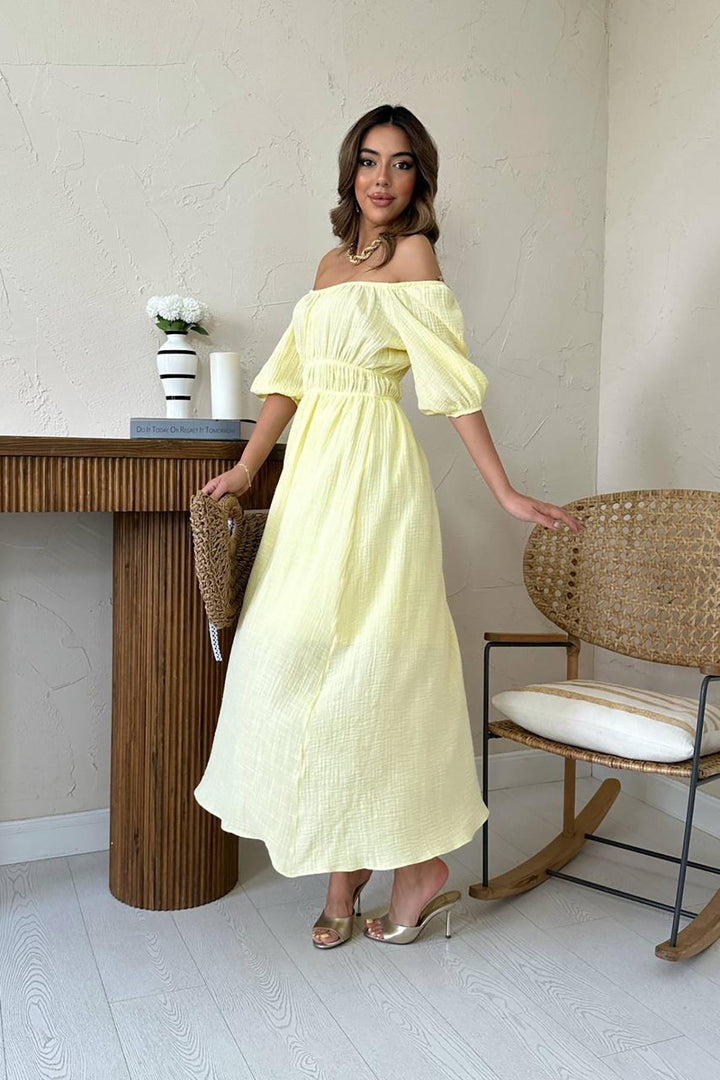 ELS Toptan Sarı Yakası Büzgülü Müslin Keten Elbise - Northampton