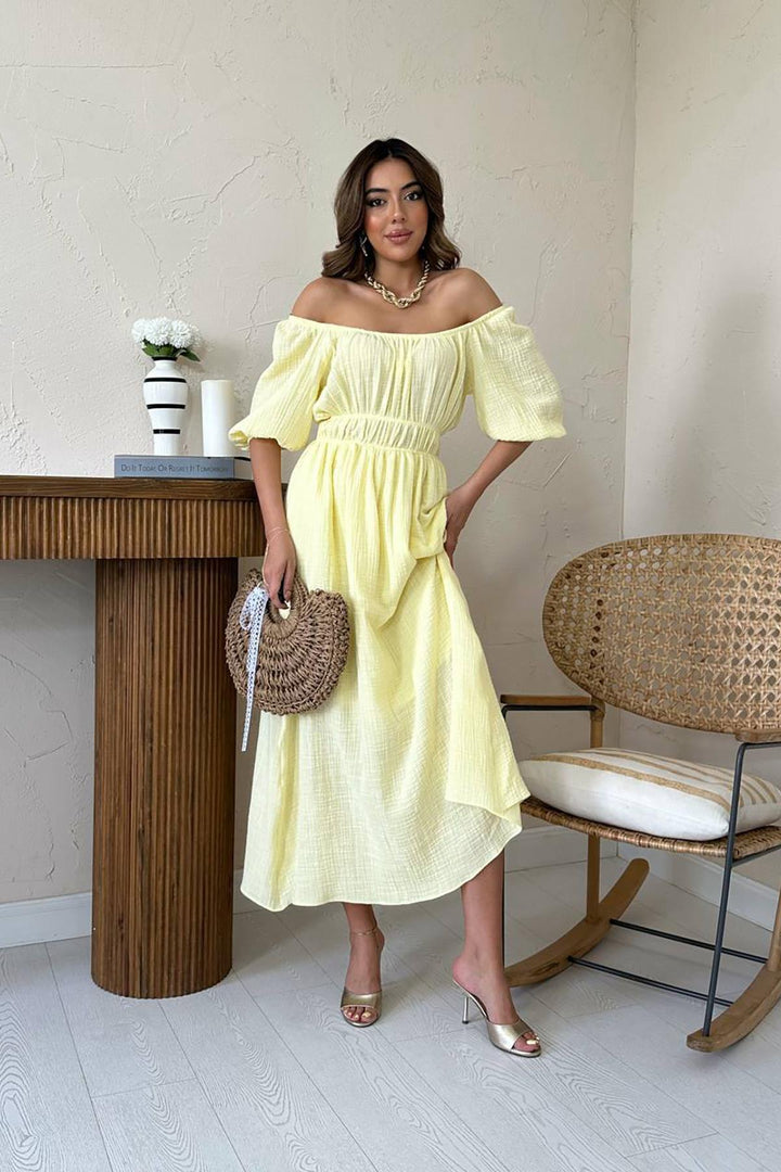 ELS Toptan Sarı Yakası Büzgülü Müslin Keten Elbise - Northampton
