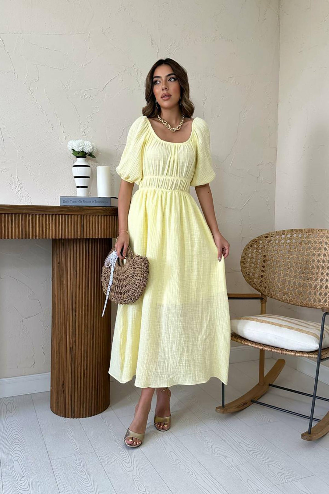 ELS Toptan Sarı Yakası Büzgülü Müslin Keten Elbise - Northampton