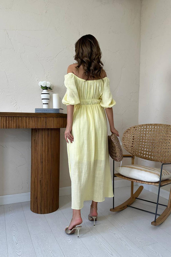 ELS Toptan Sarı Yakası Büzgülü Müslin Keten Elbise - Northampton
