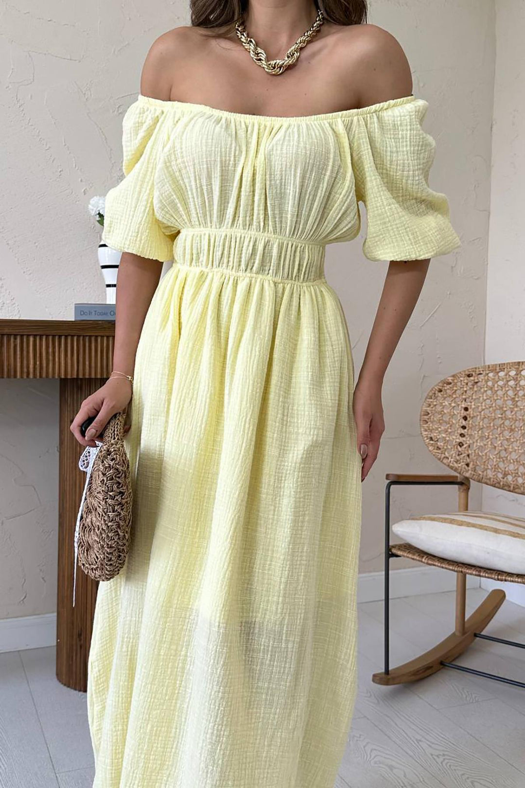 ELS Toptan Sarı Yakası Büzgülü Müslin Keten Elbise - Northampton