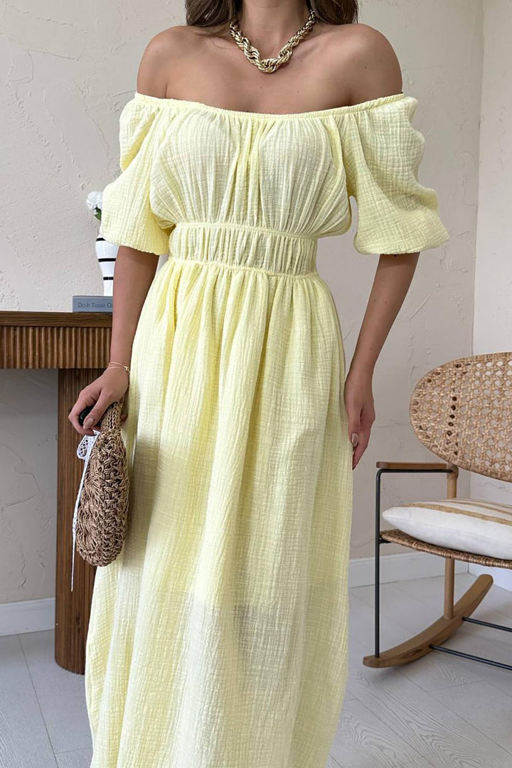 ELS Toptan Sarı Yakası Büzgülü Müslin Keten Elbise - Northampton