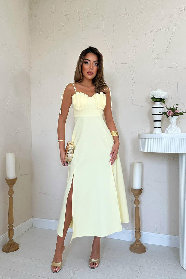 ELS Wholesale Yellow Slit Chest Cup Satin Dress - Paris