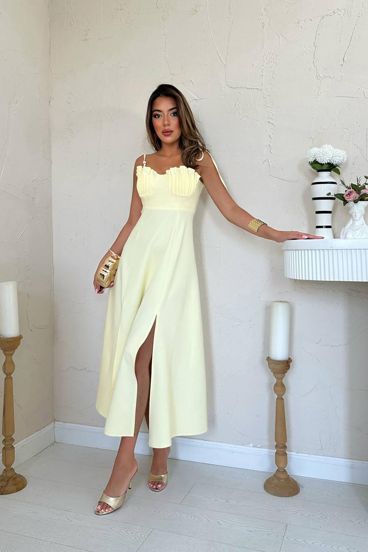 ELS Wholesale Yellow Slit Chest Cup Satin Dress - Paris