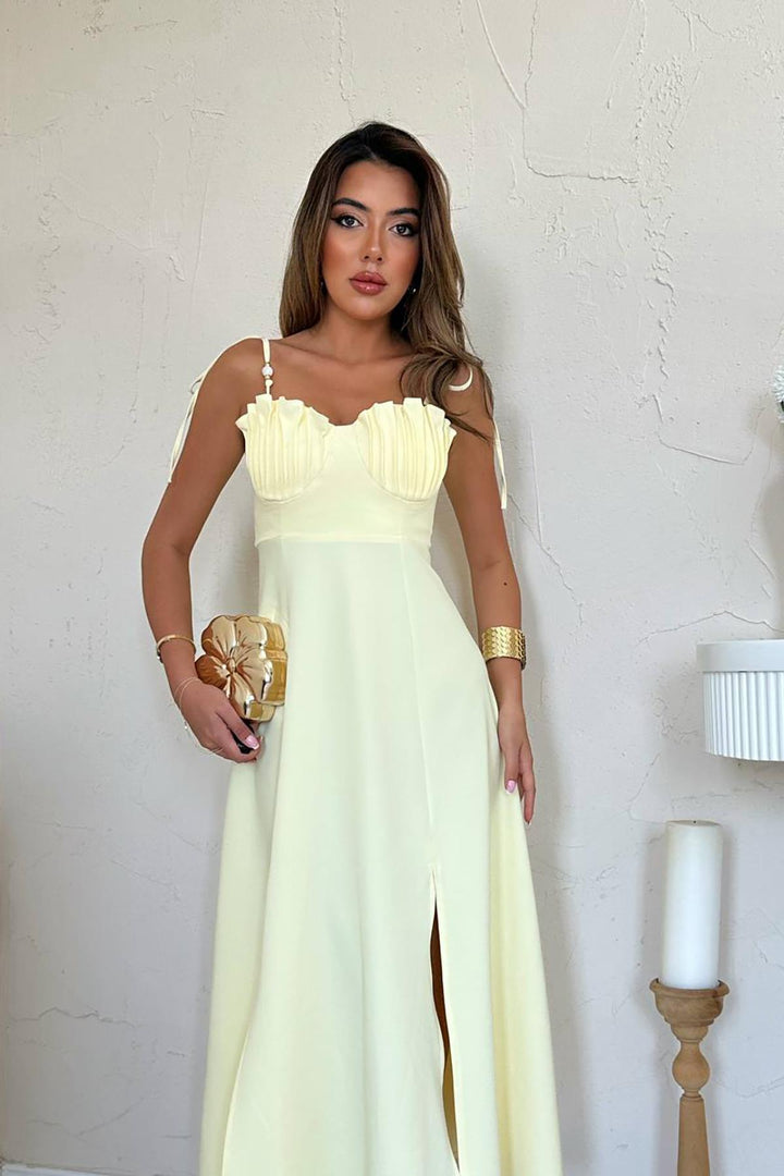 ELS Wholesale Yellow Slit Chest Cup Satin Dress - Paris