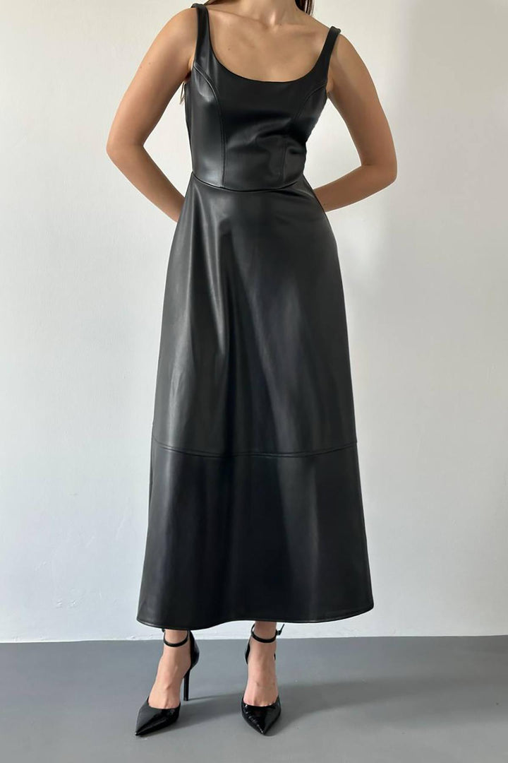 ELS Toptan Siyah Askılı Deri Elbise - Lage