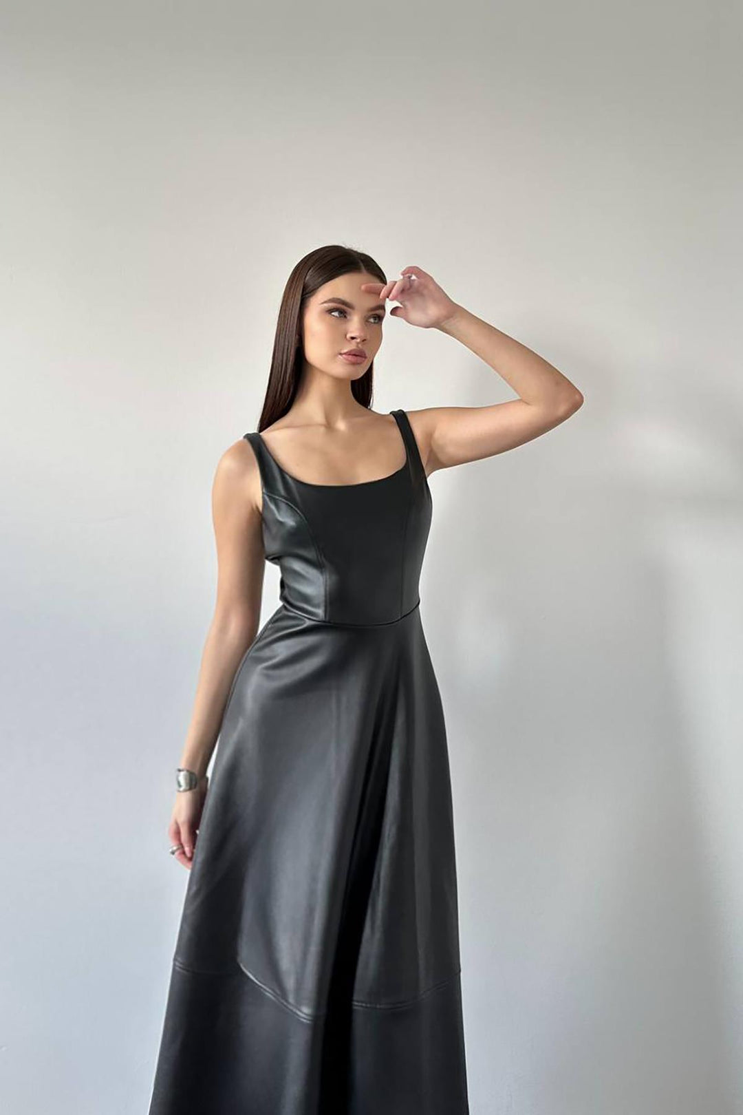 ELS Toptan Siyah Askılı Deri Elbise - Lage