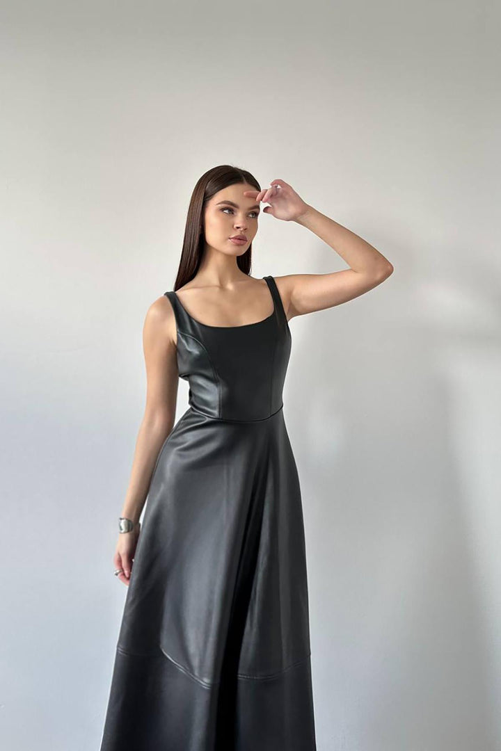 ELS Toptan Siyah Askılı Deri Elbise - Lage