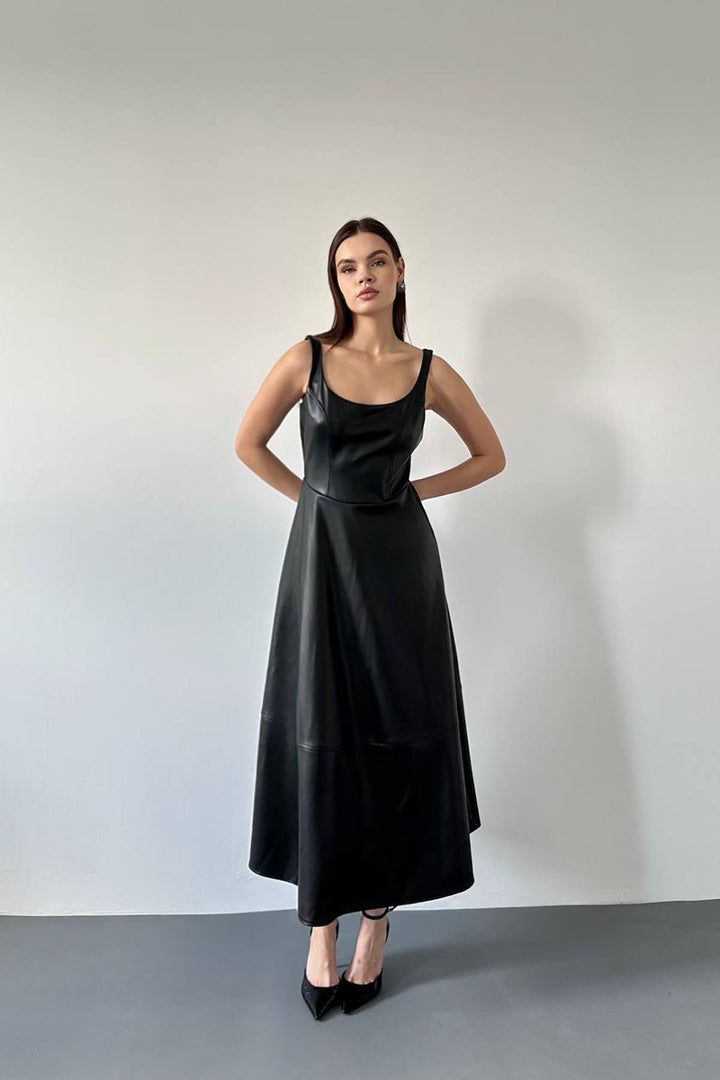 ELS Toptan Siyah Askılı Deri Elbise - Lage