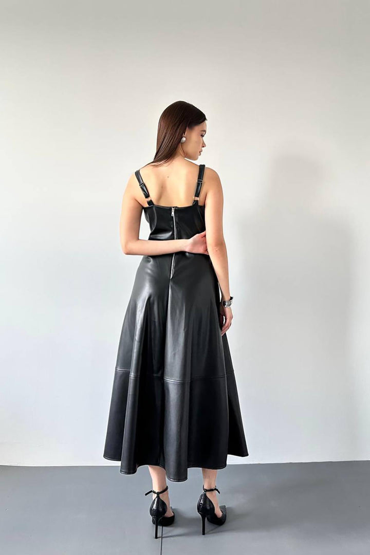 ELS Toptan Siyah Askılı Deri Elbise - Lage