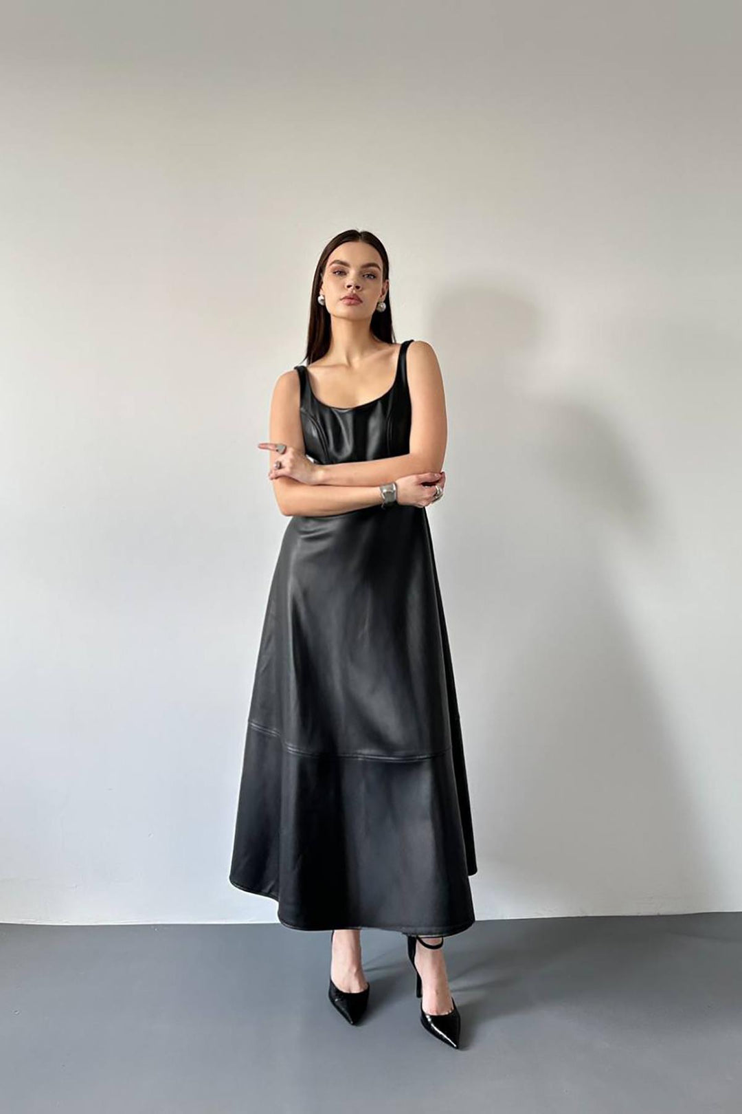 ELS Toptan Siyah Askılı Deri Elbise - Lage