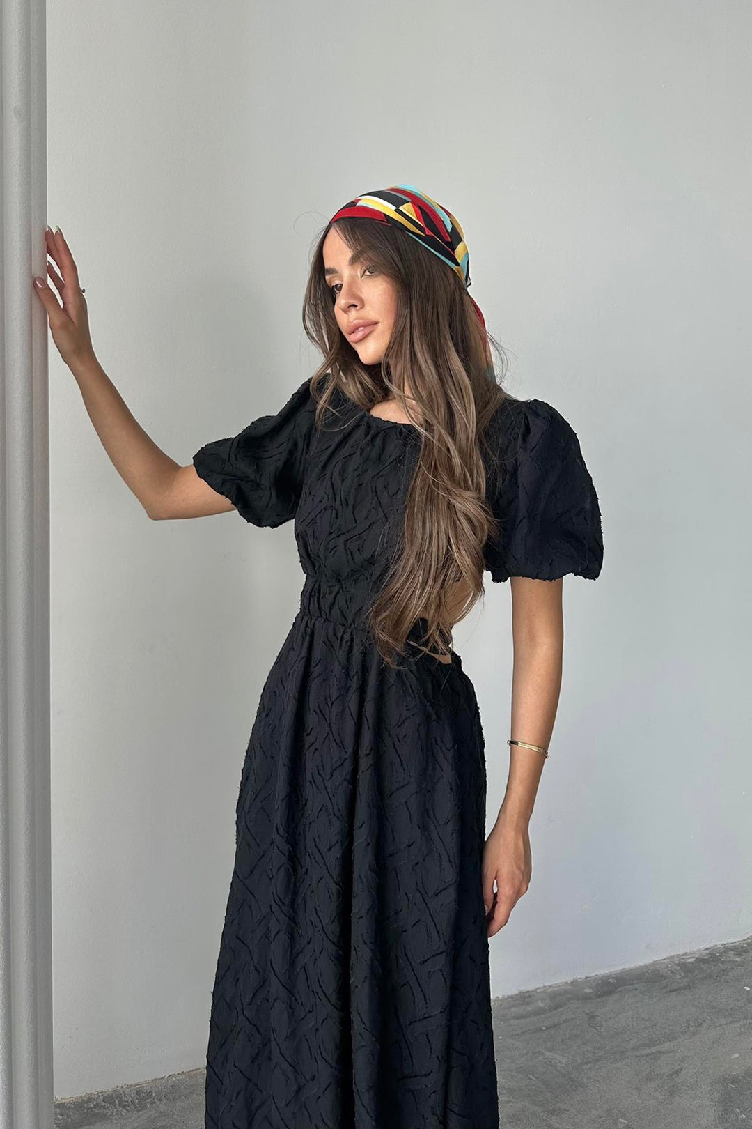 ELS Toptan Siyah Balon Kol Kuşaklı Elbise - Dayton