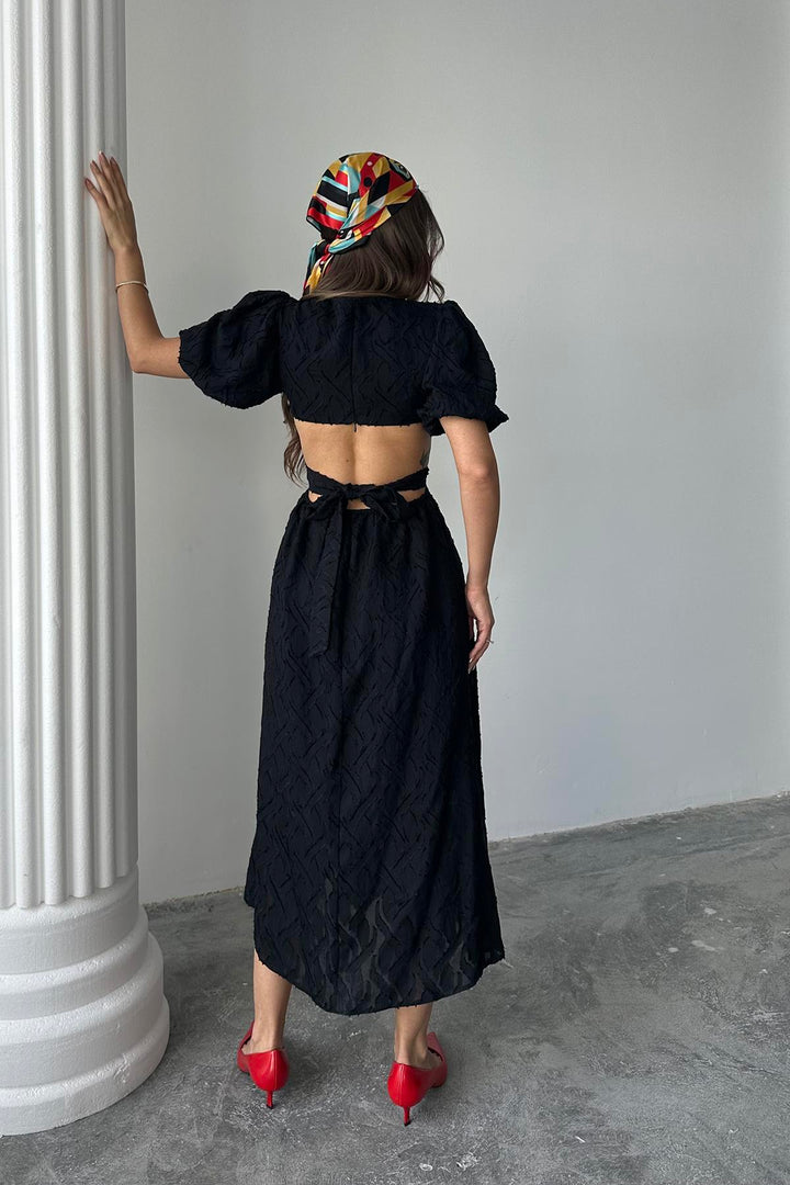 ELS Toptan Siyah Balon Kol Kuşaklı Elbise - Dayton