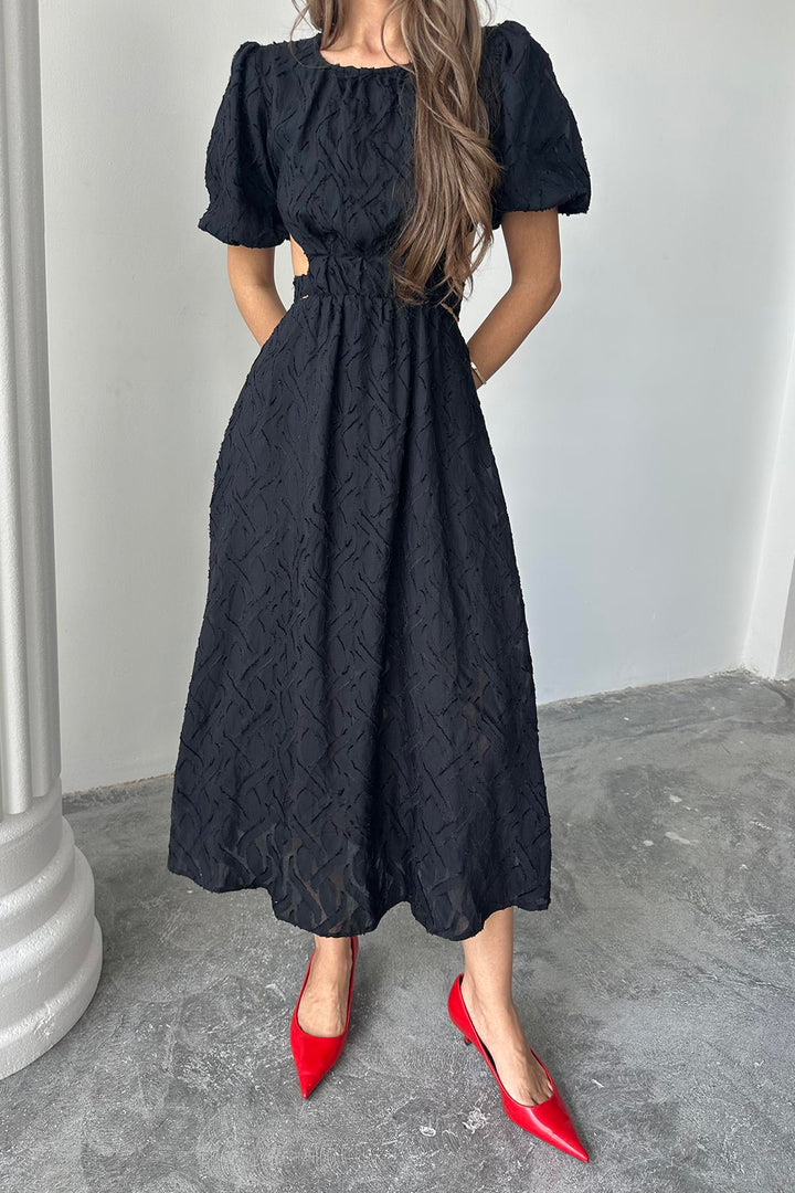 ELS Toptan Siyah Balon Kol Kuşaklı Elbise - Dayton