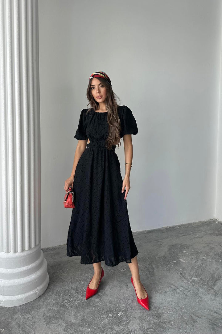 ELS Toptan Siyah Balon Kol Kuşaklı Elbise - Dayton