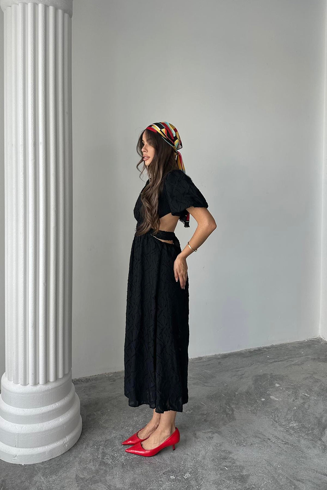 ELS Toptan Siyah Balon Kol Kuşaklı Elbise - Dayton