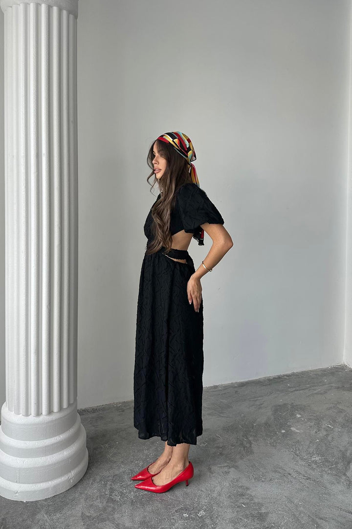 ELS Toptan Siyah Balon Kol Kuşaklı Elbise - Dayton