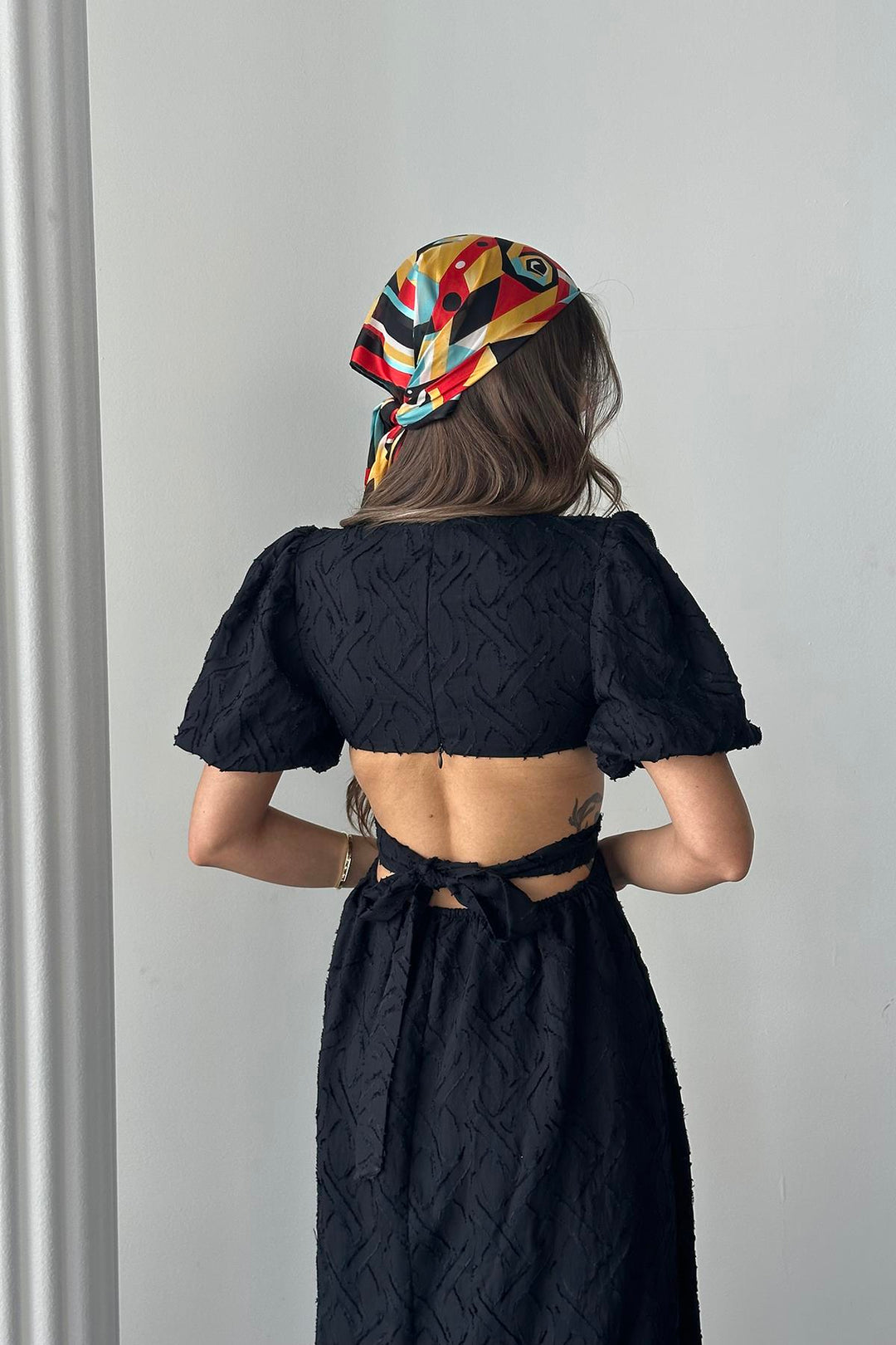 ELS Toptan Siyah Balon Kol Kuşaklı Elbise - Dayton