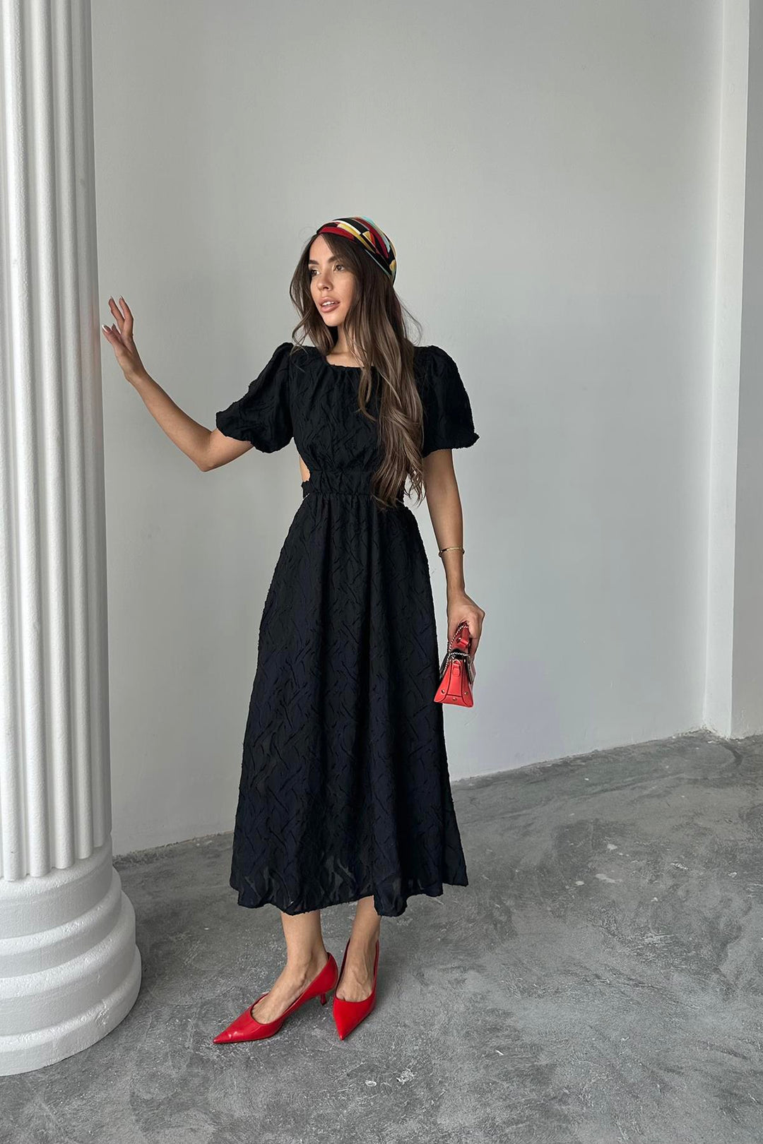 ELS Toptan Siyah Balon Kol Kuşaklı Elbise - Dayton