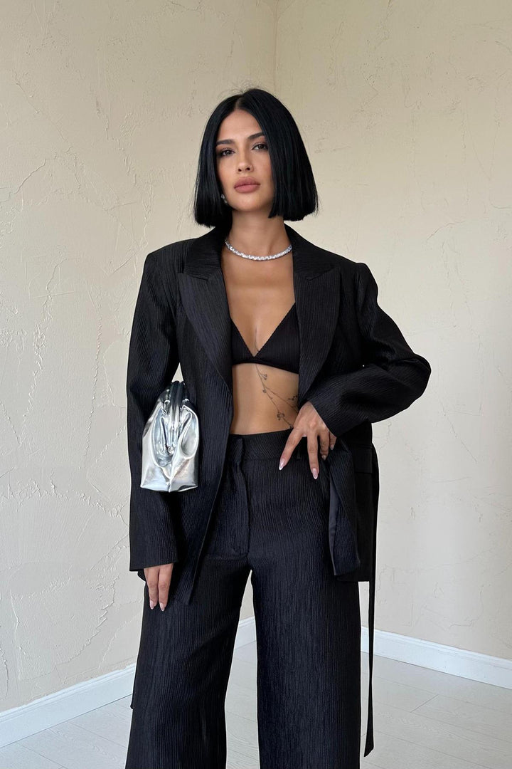 ELS Wholesale Black Belted Jacket and Pants Shiny Suit - Redmond