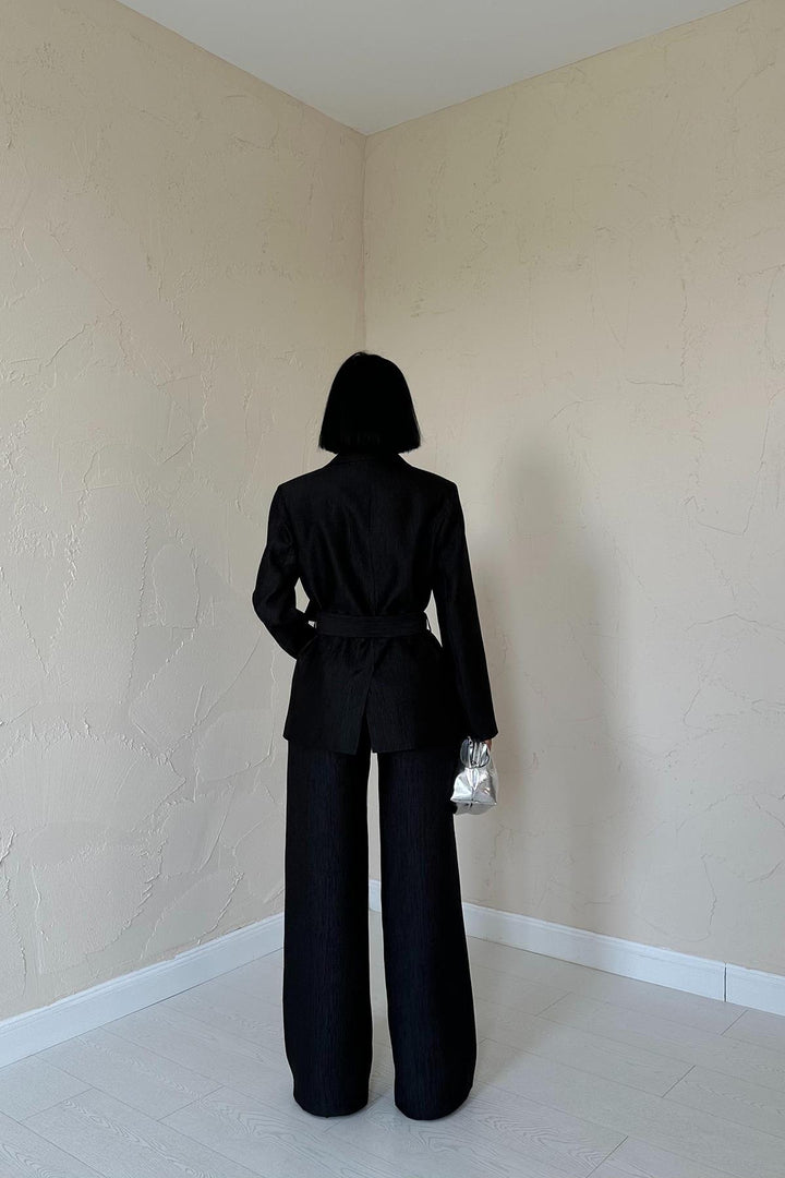ELS Wholesale Black Belted Jacket and Pants Shiny Suit - Redmond