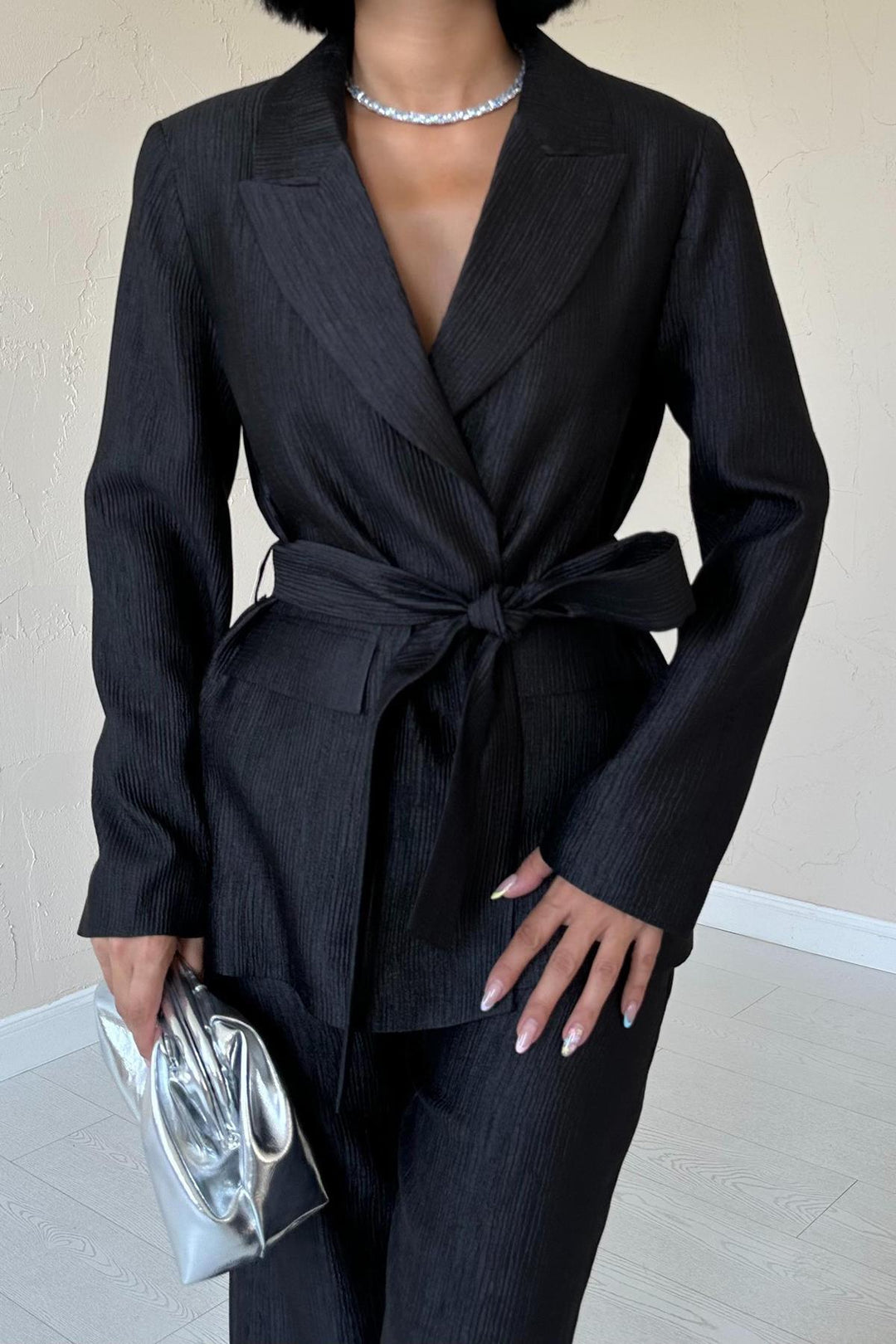 ELS Wholesale Black Belted Jacket and Pants Shiny Suit - Redmond