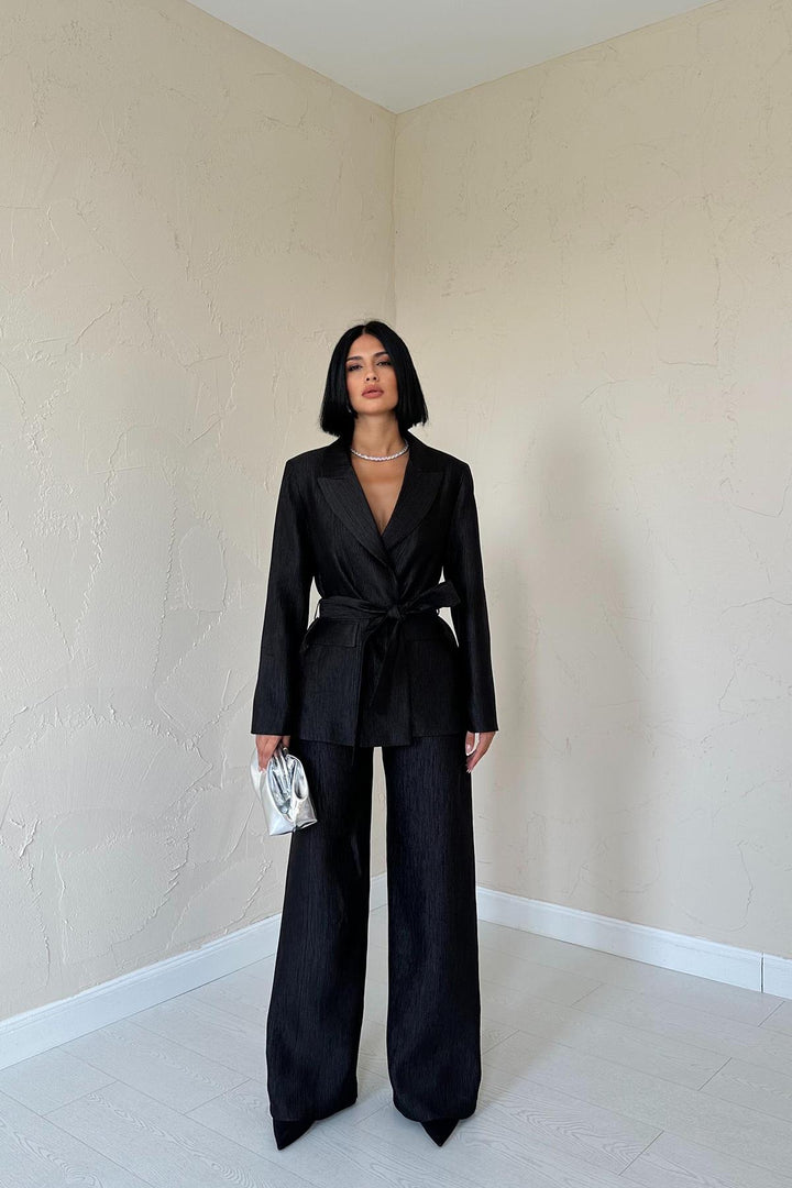 ELS Wholesale Black Belted Jacket and Pants Shiny Suit - Redmond