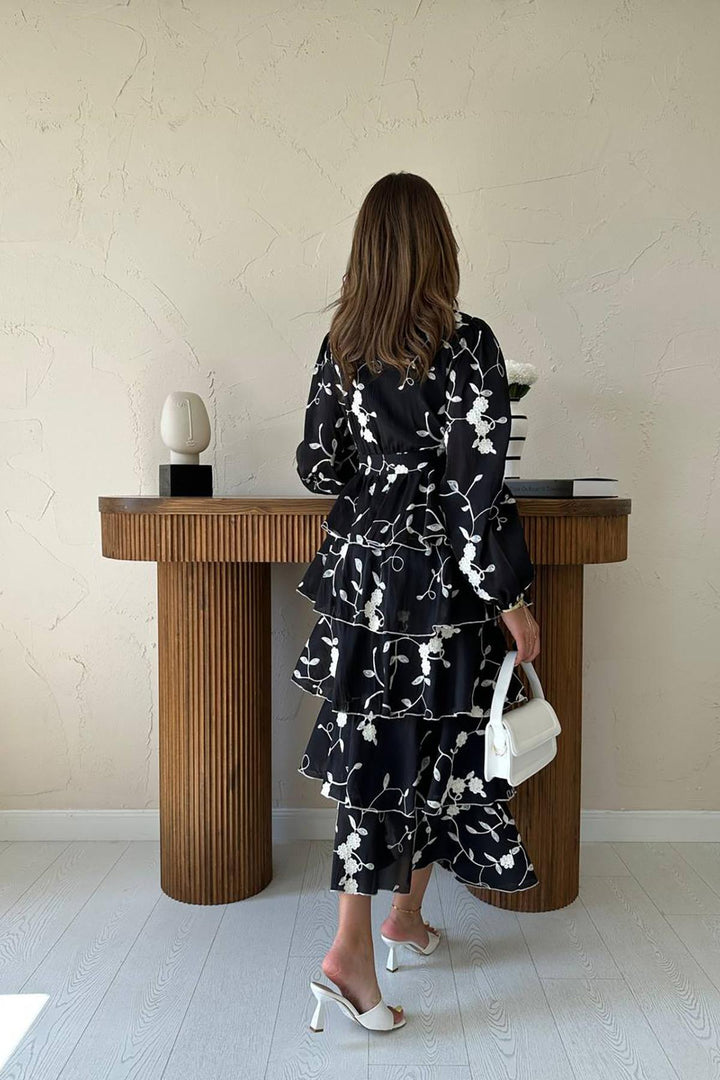 ELS Toptan Siyah Beyaz Kat Kat Kuşaklı Elbise - Rezé