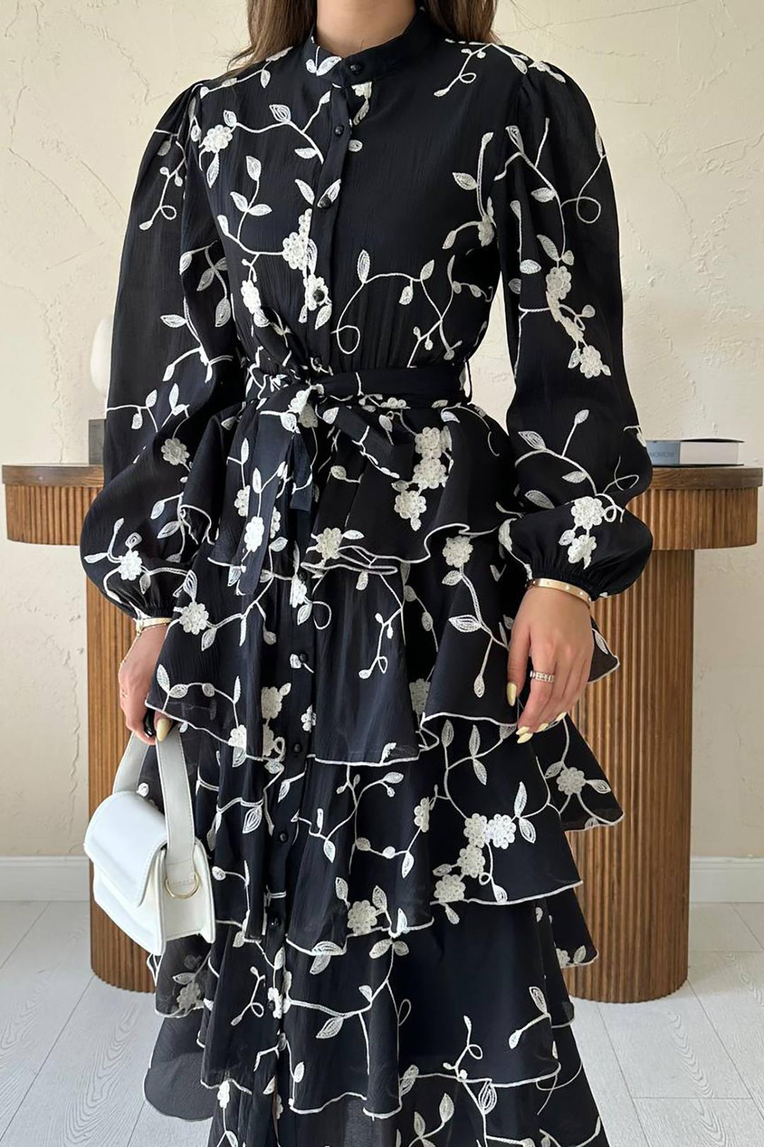 ELS Toptan Siyah Beyaz Kat Kat Kuşaklı Elbise - Rezé