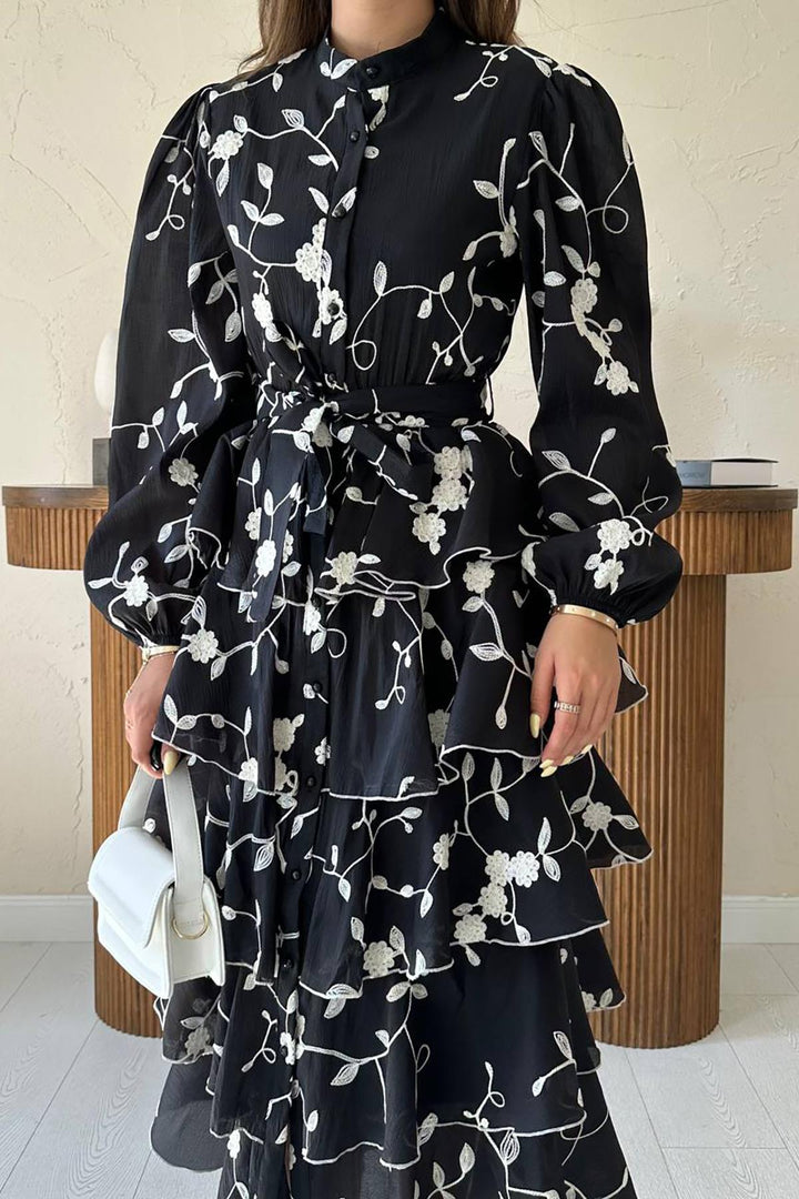 ELS Toptan Siyah Beyaz Kat Kat Kuşaklı Elbise - Rezé